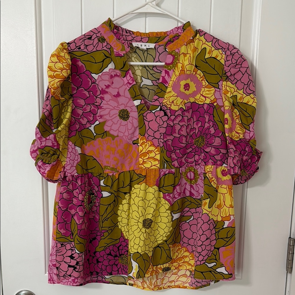 THML Pink Puff Sleeve Blouse with Mandarin Collar